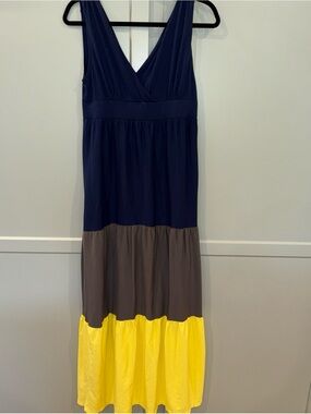 Old Navy Blue Gray Yellow Color Block Striped Sleeveless Maxi Dress Size Medium